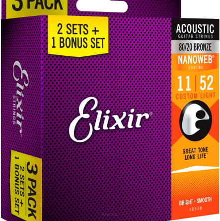 ELIXIR STRUNY DO GITARY AKUSTYCZNEJ NANOWEB 80/20 BRONZE 11-52 3-PACK