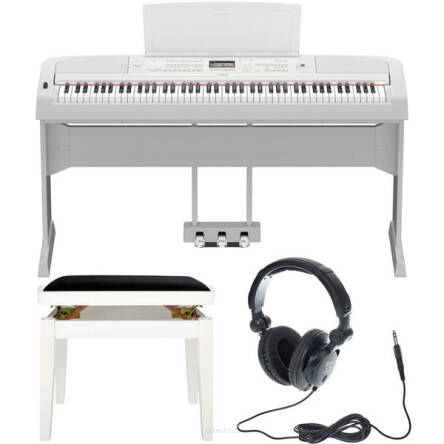 YAMAHA DGX-670 WH pianino cyfrowe + statyw L-300 + pedały LP-1 + ława drewniana regulowana + słuchawki